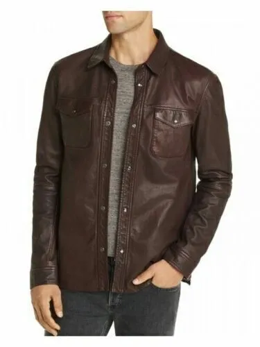 Real Lambskin Leather Stylish BROWN Handmade Biker Motorcycle Casual Men's Shirt