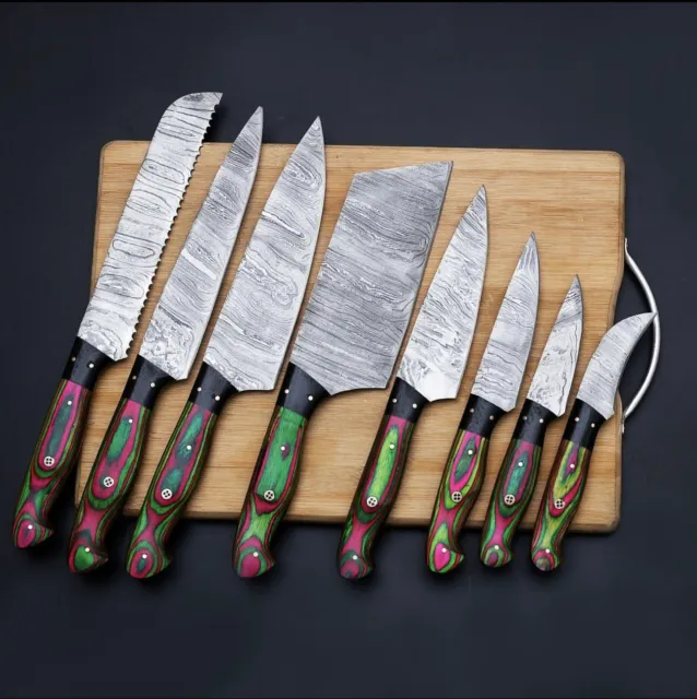 HB67 Handmade Damascus Chef set of 8pcs with leather roll bag | Kitchen Knives