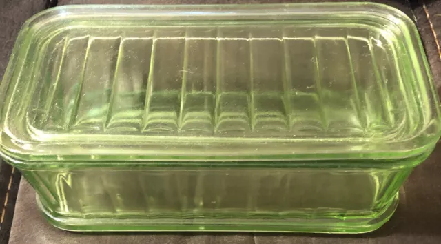 1930's Green Uranium Vaseline Depression Glass Ribbed Refrigerator Loaf Dish Lid