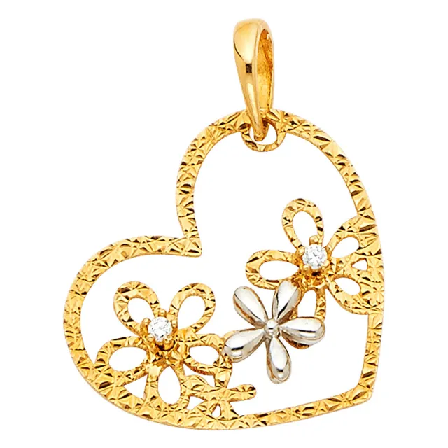 14K Two Tone Gold CZ Hollow Heart with Flowers Charm Pendant For Necklace Chain