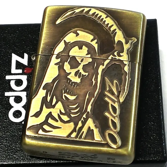 Zippo Grim Reaper Antique Gold 3D Metal Pasting Oil Lighter Regular Case Japan