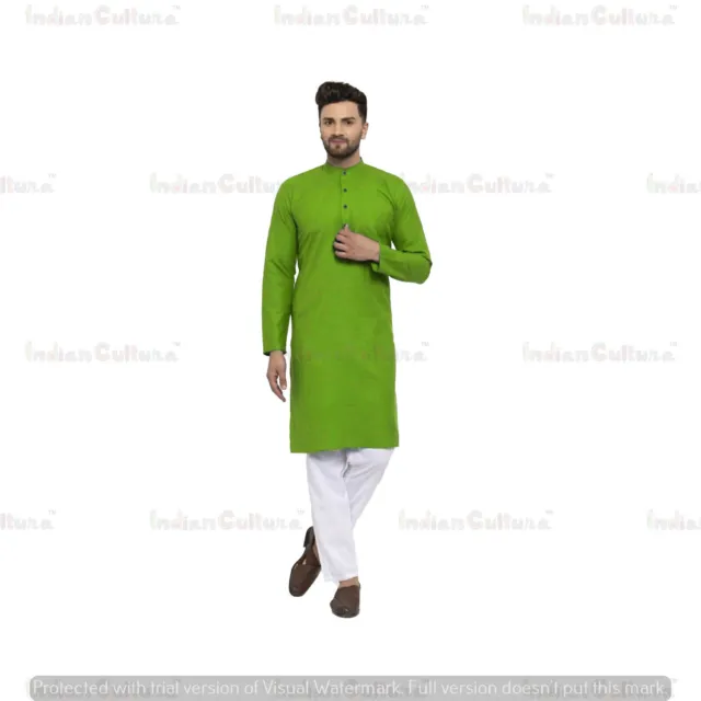 Indiano Uomo 100% Cotone Lungo Kurta Top Tonico Tradizionale Vestito Festa Kurta