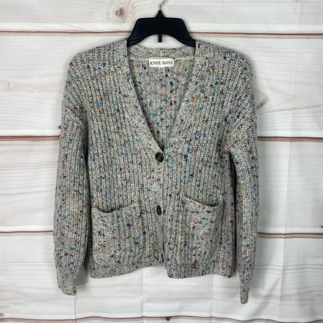 Knox Rose Chunky Knit Cardigan Womens Sweater Button-Up Speckled Pockets XS