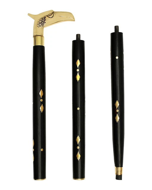 Wooden Height Adjustable Stick with Brass Handle for Old People Brown color