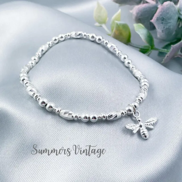Sterling Silver Lucky Bee Bracelet Dainty Sparkly Stretch Stacking Beaded Charm