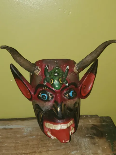 Vintage Mexican Folk Art Guerrero Devil Mask Rattling Goat Horn Painted Wood