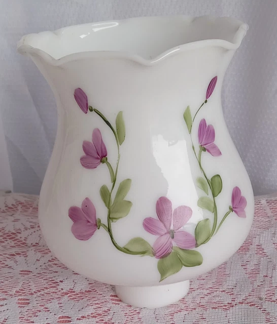 Vintage Hand Painted Violets Milk Glass Lamp Shade 5 " h 1  1/2" fitter