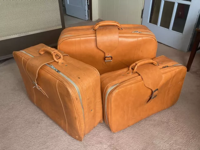 Vintage Samsonite Orange Leather Luggage 3 Piece Set