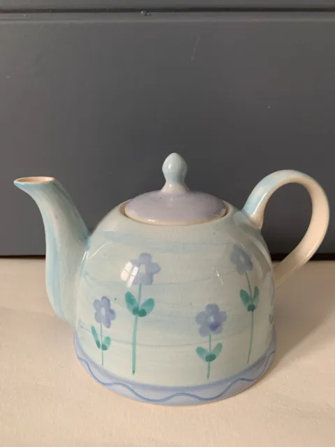Small Light Blue Tea Pot With Blue Flowers. Hand Painted.