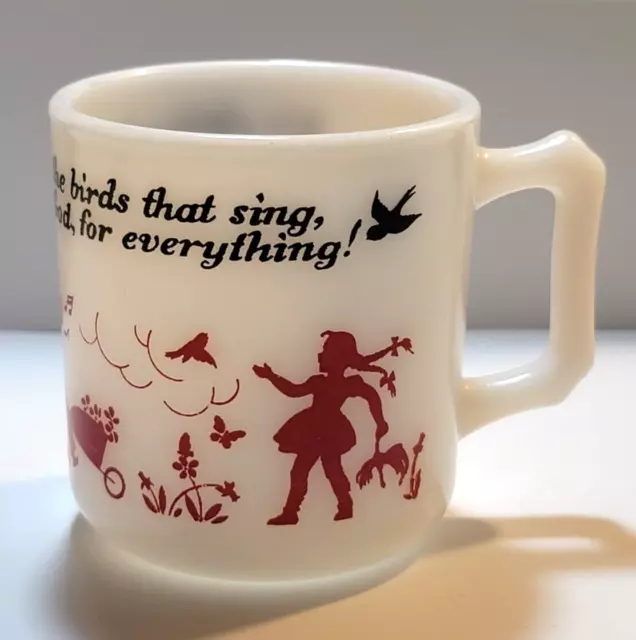 Hazel Atlas Coffee Mug White Thank You God Dog Birds Red and Black 1950s Vintage