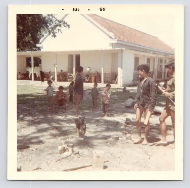 1966 Vietnam War Vietnamese Kids Playing with Dog in Village Vintage Photo