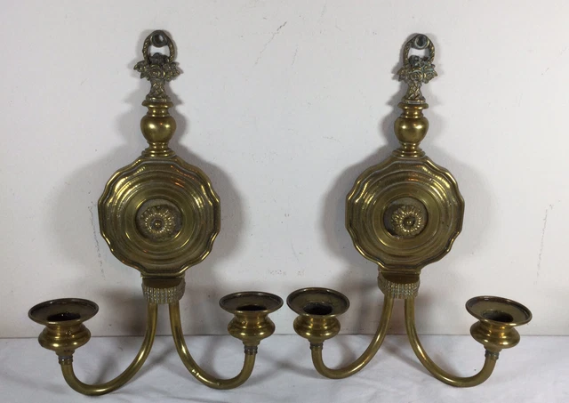 VTG Pair of Solid Brass Double Arm Wall Mount Sconce Candle Stick Holders