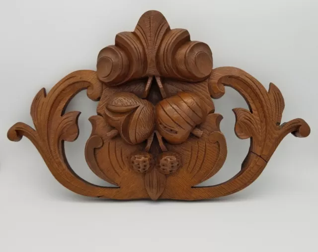 Vintage Hand Carved Ornate Wood Pediment Fruit Nuts Acanthus Leaves