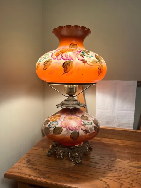 Hurricane Parlor Lamp 3-Way Gone with the Wind GWTW Hand Painted Floral 25” tall