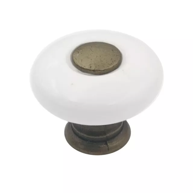 Bouton en porcelaine 1" blanc Amerock BP856-30 avec base en laiton antique et tige bouton 3
