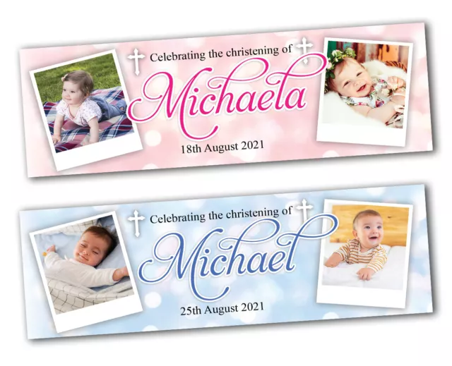 2 Personalised Christening Banner Baptism Naming Day Photo Baby Party Decoration