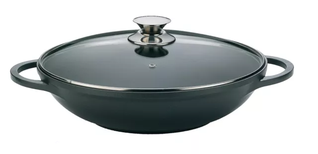 Sartén Wok 36cm aluminio hierro fundido inducción con tapa mango