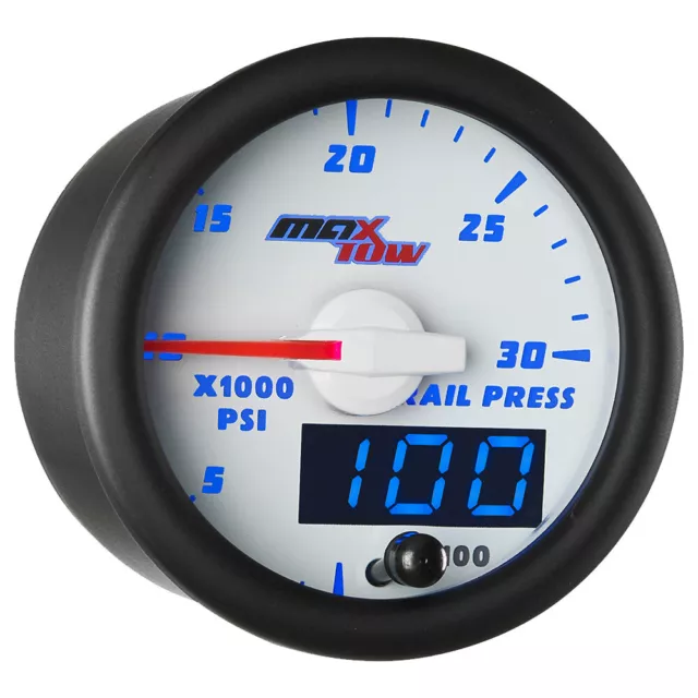 52mm White & Blue MaxTow 30,000 Fuel Rail Pressure Gauge for Duramax & Cummins