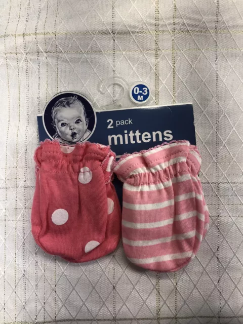 Gerber 2 Pack Mittens No Scratch Mittens Infant Girl Pink Dots Stripe 0-3 Months