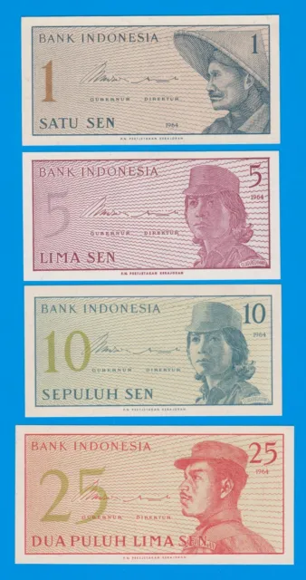 Indonesia SET 4 banknotes, 1 + 5 + 10 + 25 Sen 1964 UNC P 90 + 91 + 92 + 93