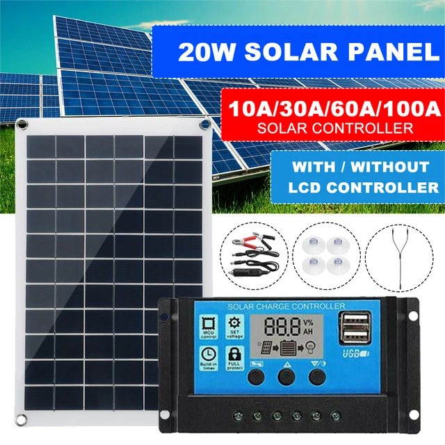 20W 12V Panneau Solaire Kits Chargeur Batterie +10-100A Contrôleur Caravan Boat