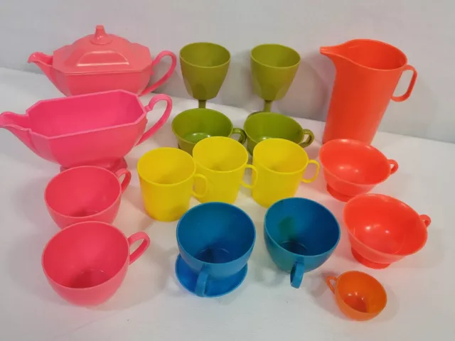 Vintage Lot of Kids Toy Plastic Cups Pretend Drinks Neon Tea Party Mini Mugs