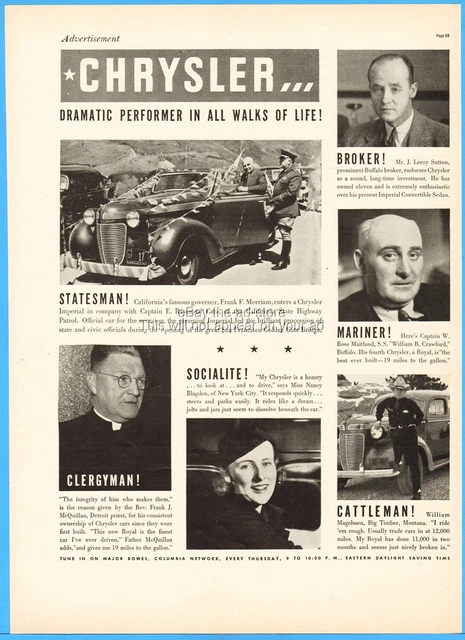 1937 Chrysler Imperial Convertible Frank Merriam California Governor Photo Ad