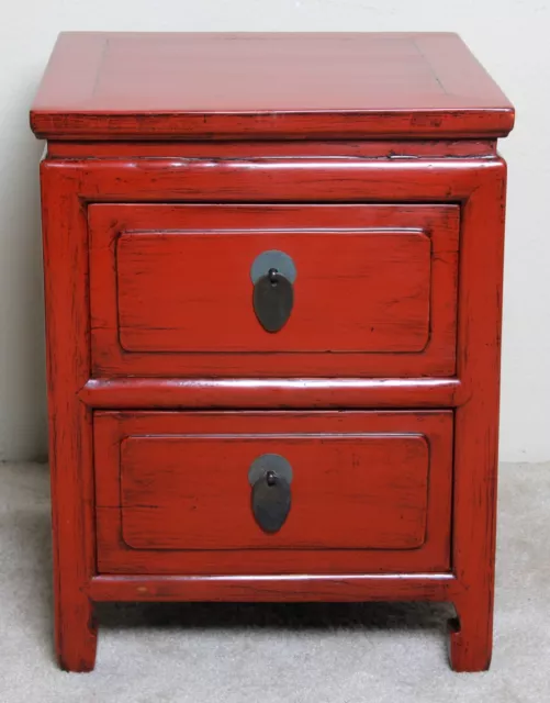 Chinese red lacquer 2 drawers side cabinet