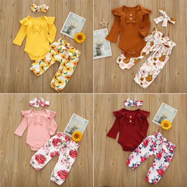 Newborn Baby Girls Ruffle Long Sleeve Romper Tops + Floral Pants Clothes Outfits 3