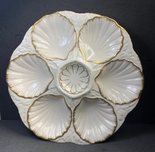 Sarreguemines Oyster Plate, French Faience, Ivory, Gilded, Antique, Beautiful!