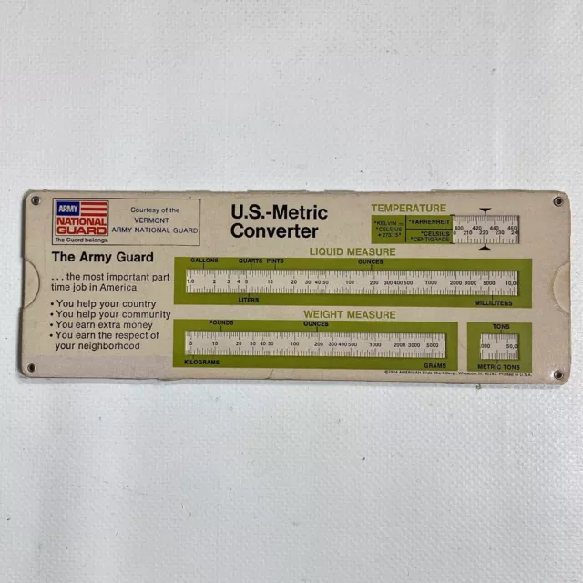 VTG 1974 US Metric Converter Vermont Army National Guard American Slide Chart