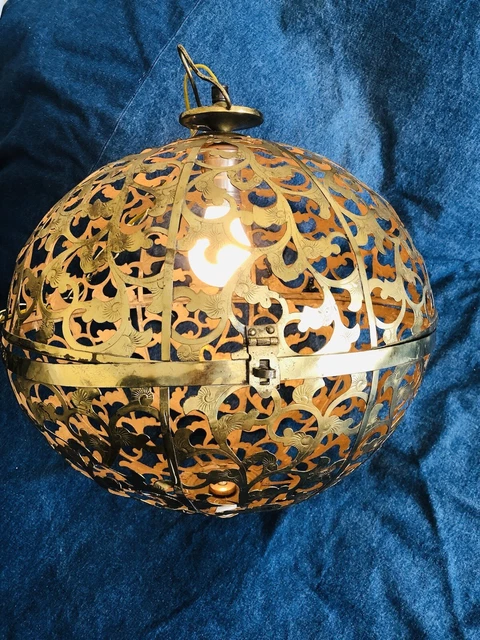 Vintage Round Japanese Pierced Brass Hanging Electric Pendant Lantern Swag Lamp