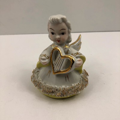 Vintage Lefton Little Girl Angel Yellow Dress Playing Heart Ceramic Figurine