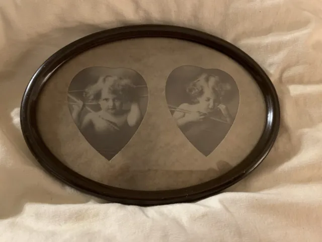Antique 1897 Framed “Cupid Awake”& “Cupid Asleep” MB Parkinson Photo Tin Frame