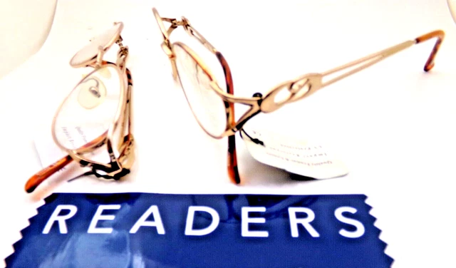 2 pr Reading Glasses Branded readers Art deco style gold tone frames Power +1.25