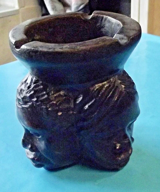 Antigua Escultura Madera Exótico Souvenir de África Cara Hombre Cenicero Pot