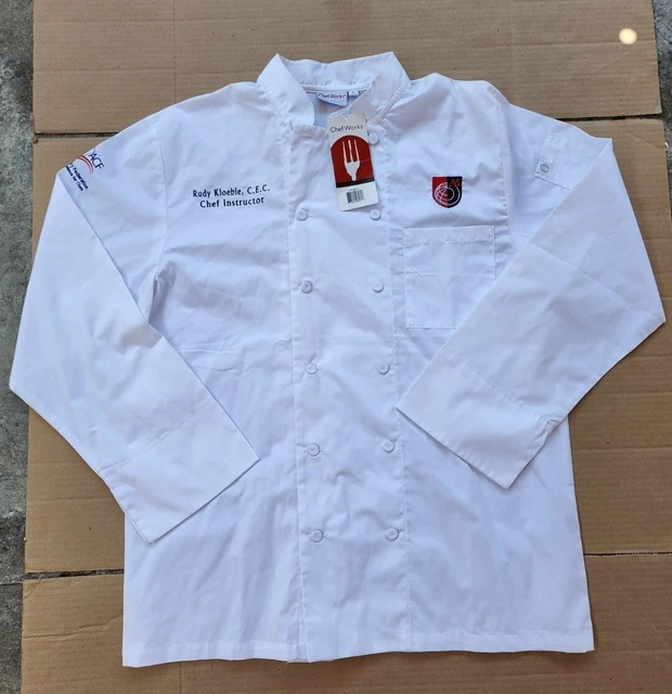 NWT Chef Works Chef white Full button Coat Shirt Is American culinary fed Size L