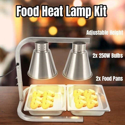 Commercial 2Bulbs French Fry Food Warmer Food Heat Lamp French Fry Station+2Pans