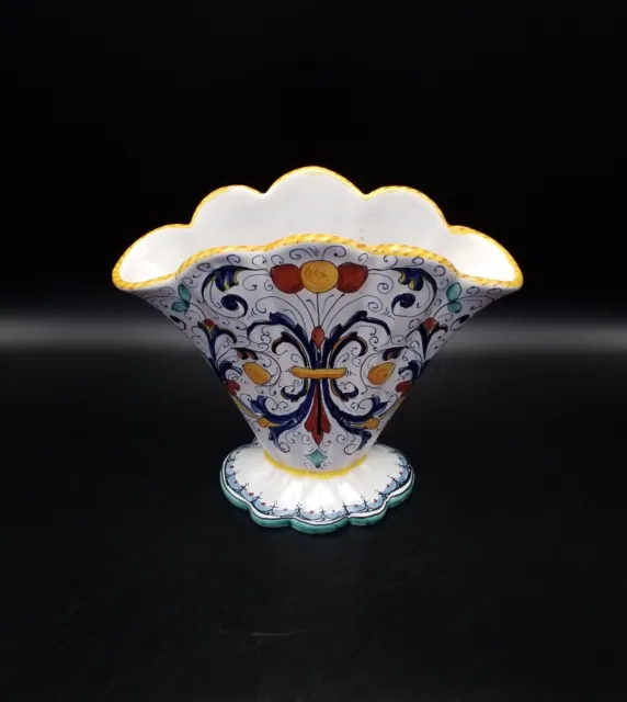 Italian hand painted fan shaped vase multicoloured floral