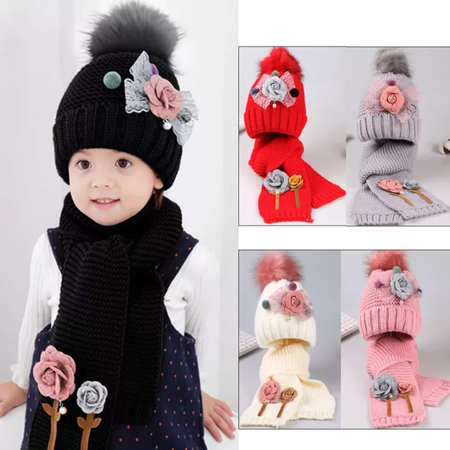 Winter Toddler Flowers Beanie Hat Scarf Set Kids Girls Fleece Warm Ski Snow Cap