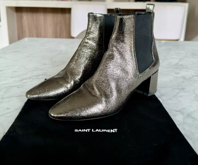 Saint Laurent Lou Leather Ankle Boots, Anthracite Metallic, Size 36