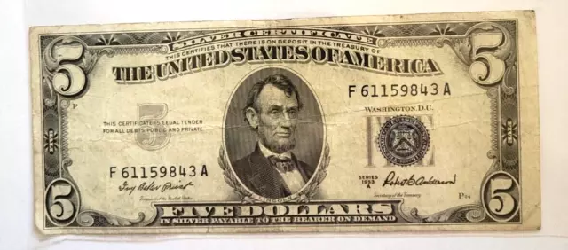 1953 5 Dollar Bill - Silver Certificate Blue Seal $5 Series A