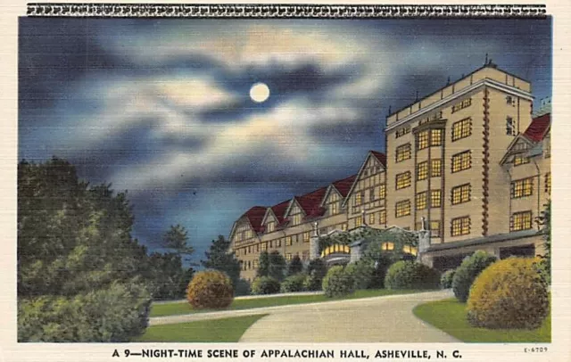 Postcard NC: Night View, Appalachian Hall, Asheville, Linen, Unposted