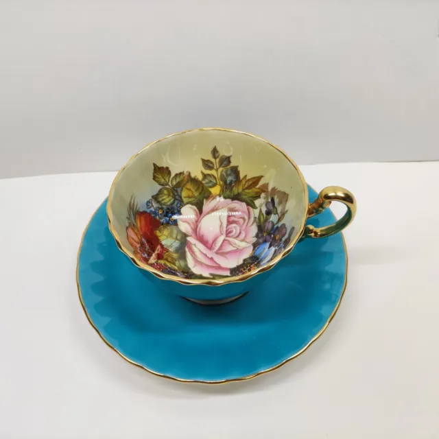 Aynsley Cabbage Rose Signed J.A. Bailey Tea Cup and Saucer Turquoise Blue 3
