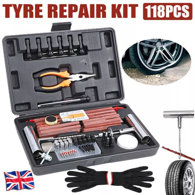 118PCS Tyre Repair kit Car Van Tubeless Tire Emergency Puncher Strips Tool Kit
