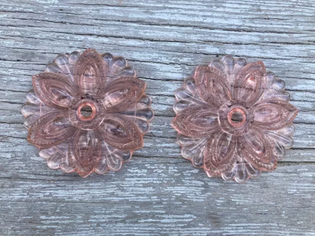 Pink Depression Glass Rosette Flower curtain tie back, pair, 3-5/16" dia. (3B)