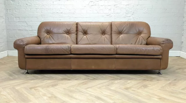 Mid-Century Vintage Danish Brown Leather 3 Seater Sofa by Georg Thams 1970s
