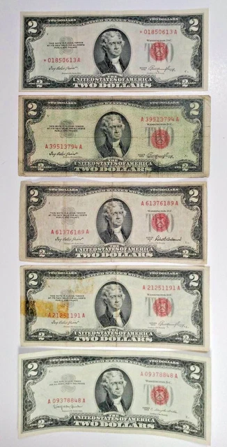Lot of 5, 1953 & 1963 series $2 dollar bill red seal, lot 3