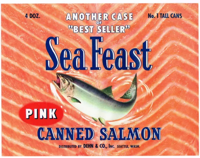 Original 1950S Salmon Can Crate Label Case Vintage Seattle Washington Sea Feast