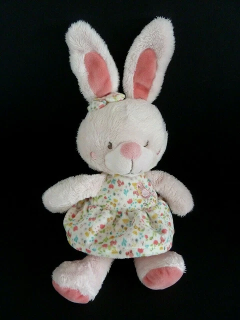 *. DOUDOU PELUCHE TEX BABY LAPIN ROBE ROSE FLEURS OISEAU 25/33cm EXCELLENT ETAT